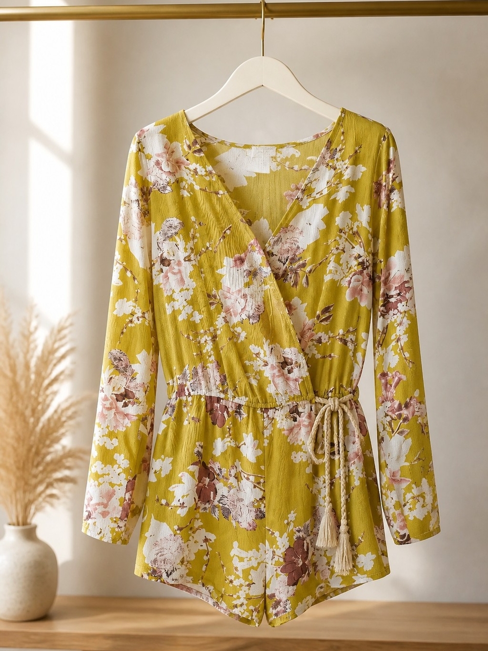 Umgee Yellow Floral Wrap Romper with Floral Accents - Picture 1 of 4